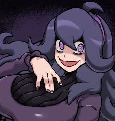 Rule 34 | 1girl, :d, @ @, ahoge, bags under eyes, big hair, black sweater, breasts, creatures (company), dress, fingernails, game freak, hairband, hand on own chest, hand up, hex maniac (pokemon), highres, large breasts, long hair, long sleeves, looking at viewer, nail polish, nintendo, npc trainer, open mouth, paperrose, pokemon, pokemon xy, print dress, purple background, purple dress, purple eyes, purple hair, purple hairband, purple nails, ribbed sweater, shaded face, smile, solo, sweater, turtleneck, turtleneck sweater, upper body