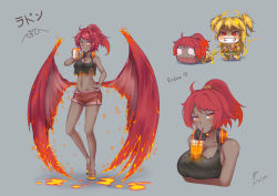 Rule 34 | absurdres, arisia19, arms under breasts, blonde hair, breasts, burnt clothes, chibi, cleavage, cup, dark skin, evil smile, godzilla: king of the monsters, godzilla (series), headphones, highres, king ghidorah, midriff, lava, monsterverse, multicolored hair, orange eyes, ponytail, red hair, rodan, sandals, scared, short shorts, shorts, smile, tank top, two-tone hair, wings