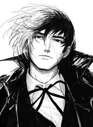 Rule 34 | 1boy, absurdres, black jack (character), black jack (series), greyscale, highres, looking at viewer, male focus, monochrome, multicolored hair, scar, short hair, simple background, solo, tiry 235, upper body
