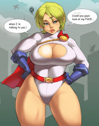 Rule 34 | 1girl, bad id, bad pixiv id, blonde hair, blue eyes, breasts, cape, cleavage, cleavage cutout, clothing cutout, dc comics, english text, gluteal fold, hands on own hips, hip focus, huge breasts, kryptonian, large breasts, leotard, lips, maou alba, pout, power girl, red cape, short hair, solo, speech bubble, superman (series)