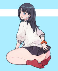 Rule 34 | arms behind back, ass, black hair, blue eyes, bobobong, cardigan, commentary, covering privates, earphones, gridman universe, highres, long hair, miniskirt, no shoes, orange scrunchie, red legwear, scrunchie, short hair, sitting, skirt, soles, solo, ssss.gridman, takarada rikka, thick thighs, thighs, wariza