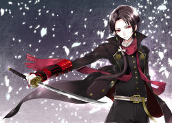 Rule 34 | 10s, 1boy, brown hair, coat, earrings, highres, jewelry, kashuu kiyomitsu, male focus, mole, mole under mouth, nail polish, personification, petals, ponytail, red eyes, red nails, red scarf, scarf, solo, sword, touken ranbu, weapon, yoshiwo