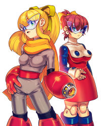 Rule 34 | 2girls, android, arm cannon, blonde hair, blue-tinted eyewear, blue-tinted glasses, blue eyes, boots, bow, brown hair, cameltoe, capcom, cosplay, costume switch, doll joints, dress, earrings, gender request, genderswap, genderswap (mtf), gloves, hair bow, hand on own hip, hip focus, jewelry, joints, knee boots, mega man (classic), mega man (series), multiple girls, ponytail, proto man, proto man (cosplay), red skirt, roll (mega man), roll (mega man) (cosplay), scarf, skin tight, skirt, sunglasses, tinted eyewear, turtleneck, visor, weapon, zakki