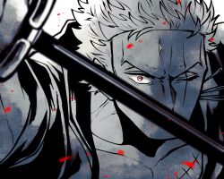 Rule 34 | 1boy, blood, close-up, commentary request, earrings, highres, holding, holding sword, holding weapon, japanese clothes, jewelry, kimono, male focus, one eye closed, one piece, partially colored, red eyes, roronoa zoro, scar, scar across eye, scar on chest, shi camellia8, short hair, simple background, solo, sword, v-shaped eyebrows, weapon, white background