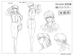 Rule 34 | 1girl, 2006, age progression, aged up, alternate hairstyle, breasts, character sheet, dated, full body, greyscale, high heels, interface headset, lineart, long hair, looking at viewer, meguro fukuzou, miniskirt, monochrome, neon genesis evangelion, official style, pencil skirt, pumps, salute, simple background, skirt, souryuu asuka langley, standing, translation request, uniform, white background