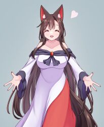 Rule 34 | 1girl, animal ears, bare shoulders, blush, breasts, brooch, brown hair, collarbone, commentary request, dress, facing viewer, fang, fingernails, hashi2387, heart, highres, imaizumi kagerou, incoming hug, jewelry, large breasts, long hair, long sleeves, open hands, open mouth, red brooch, red nails, red skirt, simple background, skirt, smile, solo, strapless, strapless dress, tail, touhou, very long hair, white dress, wide sleeves, wolf ears, wolf tail