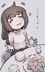 Rule 34 | +++, 1girl, black skirt, bowl, breasts, brown hair, closed eyes, cup, drink, drinking glass, food, grey background, highres, long hair, original, rice, rice bowl, shirt, short sleeves, simple background, skirt, small breasts, smile, solo, translation request, u-non (annon&#039;an), very long hair