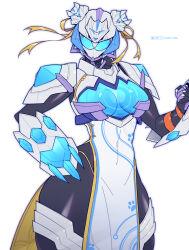 Rule 34 | 1girl, adapted costume, alchemisdriver, alternate costume, armor, blue background, blue bodysuit, blue eyes, bodysuit, breasts, cerberus, claw (weapon), claws, cleavage, clenched hand, compound eyes, contrapposto, crystal, double bun, hair bun, highres, ice, jewelry, kamen rider, kamen rider gotchard (series), kamen rider majade, looking at viewer, moon, mooncerberus, neminemoon, official alternate costume, power armor, ring, simple background, sunlight, tongzhen ganfan, upper body, weapon, white armor, white background, yoacerberus