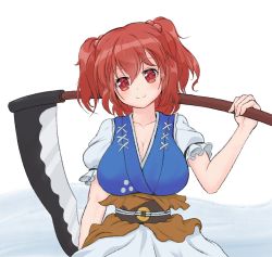 Rule 34 | blue dress, blue kimono, breasts, brown sash, cleavage, coin, coin on string, dress, hair bobbles, hair ornament, happeneddr9, head tilt, highres, holding, holding scythe, holed coin, japanese clothes, kimono, large breasts, looking at viewer, obi, onozuka komachi, puffy short sleeves, puffy sleeves, red eyes, red hair, sash, scythe, short hair, short sleeves, simple background, touhou, two side up, upper body, white background