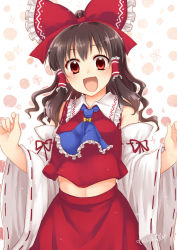Rule 34 | 1girl, :d, ascot, bare shoulders, blush, bow, brown hair, commentary, detached sleeves, hair bow, hair tubes, hakurei reimu, happy, highres, large bow, long hair, looking at viewer, midriff, monrooru, open mouth, red eyes, skirt, skirt set, smile, solo, touhou, vest, wavy hair