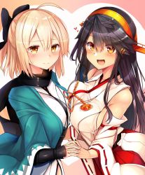 Rule 34 | 2girls, :d, bare shoulders, black hair, blonde hair, breast press, breasts, crossover, detached sleeves, fate/grand order, fate (series), hair between eyes, hairband, haruna (kancolle), headgear, heart, highres, japanese clothes, kantai collection, large breasts, long hair, multiple girls, nontraditional miko, okita souji (fate), okita souji (koha-ace), open mouth, ribbon-trimmed sleeves, ribbon trim, shinsengumi, short hair, smile, symmetrical docking, tsukui kachou, wide sleeves, yellow eyes