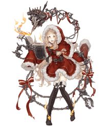Rule 34 | 1girl, :d, belt, blonde hair, bone, book, boots, candle, capelet, chain, christmas, cross-laced footwear, full body, fur trim, hair ornament, hairclip, hood, hood up, ji no, long hair, looking at viewer, official art, open mouth, orange eyes, red riding hood (sinoalice), ribbon, sinoalice, sleeves past wrists, smile, solo, teeth, thigh boots, thighhighs, torture instruments, transparent background, upper teeth only, very long hair