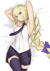 Rule 34 | 1girl, armpits, bare arms, bare shoulders, blonde hair, blush, braid, breasts, collared vest, fate/apocrypha, fate (series), hair between eyes, hair ribbon, highres, jeanne d&#039;arc (fate), jeanne d&#039;arc (girl from orleans) (fate), jeanne d&#039;arc (ruler) (fate), long hair, looking at viewer, lying, medium breasts, necktie, on back, parted lips, pleated skirt, purple eyes, purple necktie, purple skirt, purple thighhighs, ribbon, sideboob, single braid, sketch, skirt, solo, sweat, tetsu (kimuchi), thighhighs, tress ribbon, very long hair, vest, white vest
