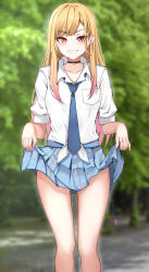 Rule 34 | 1girl, absurdres, black choker, blonde hair, blue necktie, breast pocket, choker, clothes lift, collared shirt, day, feet out of frame, highres, kitagawa marin, legs, long hair, looking at viewer, nahanmin, necktie, outdoors, pleated skirt, pocket, red eyes, shirt, skirt, skirt lift, sleeves rolled up, smile, sono bisque doll wa koi wo suru, standing, teeth, white shirt