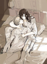 Rule 34 | 2boys, bed, chirokko, closed eyes, harry potter (series), highres, holding person, legs, long hair, looking at another, lying, lying on person, male focus, monochrome, multiple boys, pectorals, pectorals, pillow, remus lupin, short hair, sirius black, sitting, wizarding world, yaoi