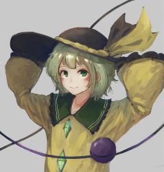 Rule 34 | 1girl, arms up, black hat, collar, collared shirt, commentary, fjsmu, frilled collar, frilled sleeves, frills, gem, green eyes, green hair, grey background, hands on headwear, hat, hat ribbon, highres, holding, holding clothes, holding hat, komeiji koishi, long sleeves, looking at viewer, ribbon, shirt, short hair, simple background, smile, solo, third eye, touhou, upper body, wide sleeves, yellow ribbon, yellow shirt
