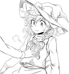 Rule 34 | 1girl, back bow, bow, braid, flat chest, gift, greyscale, hair bow, hat, hat bow, highres, kirisame marisa, long hair, long sleeves, monochrome, nip to chip, shirt, simple background, single braid, solo focus, touhou, vest, white background, witch hat