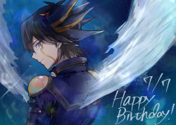 Rule 34 | 1boy, bad id, bad pixiv id, black hair, blue eyes, blue jacket, closed mouth, collarbone, facial mark, from behind, fudo yusei, grey background, hair between eyes, happy birthday, highres, jacket, light smile, long hair, looking at viewer, looking back, male focus, multicolored hair, smile, solo, spiked hair, star (sky), streaked hair, tounori (nrmc 7), upper body, wings, yu-gi-oh!, yu-gi-oh! 5d&#039;s