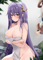 Rule 34 | 2girls, absurdres, alternate hairstyle, arms under breasts, blurry, blurry foreground, blush, breast hold, breasts, cleavage, covering privates, cowboy shot, crossed arms, flower, genshin impact, groin, hair between eyes, hair down, hair flower, hair ornament, highres, keqing (genshin impact), large breasts, long hair, looking at viewer, multiple girls, naked towel, nude cover, out of frame, paimon (genshin impact), purple eyes, purple hair, sidelocks, solo focus, togo (korlsj1235), towel, very long hair, wet, wet hair, white towel