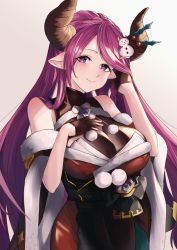 Rule 34 | 1girl, autumn boar, bad id, bad pixiv id, breasts, cowboy shot, gloves, granblue fantasy, hair ornament, highres, horns, long hair, looking at viewer, narmaya (granblue fantasy), narmaya (holiday) (granblue fantasy), pointy ears, purple eyes, purple hair, simple background, solo, very long hair