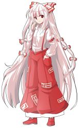 Rule 34 | 1girl, alphes (style), bow, dairi, female focus, fujiwara no mokou, full body, hair bow, long hair, looking at viewer, pants, parody, red eyes, smile, solo, style parody, suspenders, touhou, transparent background, very long hair, white hair