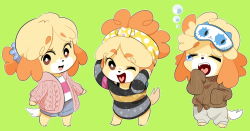 Rule 34 | 1girl, :d, alternate costume, alternate hairstyle, animal crossing, bad id, bad twitter id, blonde hair, brown eyes, brown sweater, closed eyes, dog girl, eye mask, full body, furry, furry female, green background, hair ornament, hair scrunchie, hairband, highres, isabelle (animal crossing), jacket, looking at viewer, male focus, moosopp, multiple views, nintendo, one eye closed, open clothes, open jacket, open mouth, polka dot hairband, ribbed sweater, scrunchie, shirt, shorts, simple background, sleepy, sleeves past fingers, sleeves past wrists, smile, standing, striped clothes, striped shirt, sweater, tail, tongue, yawning, yellow hairband