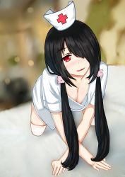 Rule 34 | 1girl, :q, absurdres, all fours, alternate costume, bad id, bad pixiv id, bed sheet, black hair, blush, breasts, cleavage, date a live, dress, full body, hair ornament, hair over one eye, hair scrunchie, hat, highres, indoors, licking lips, lips, long hair, looking at viewer, low twintails, medium breasts, naughty face, nurse, nurse cap, on bed, one eye covered, pink lips, red eyes, red theme, scrunchie, short dress, short sleeves, sidelocks, solo, thighhighs, tokisaki kurumi, tongue, tongue out, twintails, white dress, white thighhighs, yunkaiming