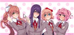 Rule 34 | 4girls, absurdres, arms behind back, arms up, blue eyes, blush, bow, breasts, brown hair, closed mouth, collared shirt, commentary, crossed arms, doki doki literature club, everyone, green eyes, hair bow, hair intakes, hair ornament, hair ribbon, hairclip, head tilt, highres, leaning back, long hair, long sleeves, looking at viewer, looking away, medium breasts, monika (doki doki literature club), multiple girls, neck ribbon, one eye closed, open mouth, picking up, pink background, pink eyes, polka dot, polka dot background, ponytail, puffy cheeks, puffy cheeks, purple eyes, purple hair, red ribbon, ribbon, school uniform, seityr, shirt, short hair, sidelocks, small breasts, smile, twitter username, two side up, upper body, white shirt
