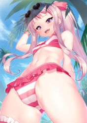 Rule 34 | 1girl, :d, arm behind back, ass, bikini, blue sky, blush, breasts, bridal garter, cameltoe, cleft of venus, cloud, covered erect nipples, eyewear on head, foreshortening, frilled bikini, frills, from below, himehina channel, kamitsurugi ouka, long hair, looking at viewer, navel, open mouth, palm tree, pink hair, ponytail, purple eyes, sky, small breasts, smile, solo, striped bikini, striped clothes, sunglasses, swimsuit, tanaka hime, teeth, tree, twintails, virtual youtuber