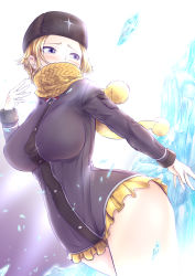 Rule 34 | 1girl, alternate costume, alternate hairstyle, blonde hair, blue eyes, blush, breasts, bro.you-yan, coat, fur hat, hat, highres, ice, kolin, large breasts, looking to the side, miniskirt, pale skin, scarf, short hair, skirt, solo, standing, street fighter, street fighter v, thick thighs, thighs, ushanka, wide hips, winter clothes, winter coat