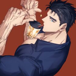 Rule 34 | 1boy, bara, bare pectorals, black hair, blue eyes, blue shirt, bubble tea, domo (domo kizusuki), drinking, drinking straw, drinking straw in mouth, eyelashes, highres, large pectorals, looking at viewer, male focus, muscular, muscular male, original, pectorals, pointing, pointing at self, red background, shido (domo), shirt, short hair, sideburns, solo, thick eyebrows, thumbs up, upper body, veins