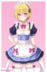 Rule 34 | 1girl, :o, alternate costume, apron, blonde hair, blue bow, blue dress, blush, bow, bowtie, breasts, character name, cleavage, commentary request, cowboy shot, detached collar, dress, enmaided, frilled apron, frilled sleeves, frills, hair bow, halftone, halftone background, hand on own hip, heart, highres, idolmaster, idolmaster shiny colors, looking at viewer, maid, maid headdress, medium breasts, name tag, pink background, pink bow, pink bowtie, purple eyes, saijo juri, sakurai makoto (custom size), short hair, short sleeves, solo, sweatdrop, thighhighs, twitter username, waist apron, white apron, white thighhighs, wrist cuffs