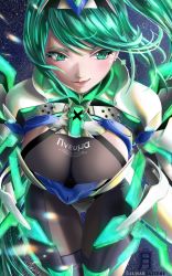 Rule 34 | 1girl, armor, breasts, earrings, gloves, green eyes, green hair, highres, jewelry, large breasts, long hair, looking at viewer, lunar battery, nintendo, pneuma (xenoblade), ponytail, simple background, smile, solo, spoilers, swept bangs, tiara, very long hair, xenoblade chronicles (series), xenoblade chronicles 2