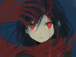 Rule 34 | 1girl, aaniko, ambiguous red liquid, black hair, blue background, close-up, commentary request, empty eyes, enpera, expressionless, fringe trim, hair between eyes, hair ornament, hairclip, kagerou project, limited palette, looking at viewer, mekakucity actors, parted lips, portrait, red eyes, red scarf, scarf, sketch, straight-on, tateyama ayano, upper body