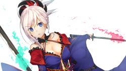 Rule 34 | 1girl, asymmetrical hair, bare shoulders, blue eyes, breasts, cleavage, collarbone, detached sleeves, earrings, fate/grand order, fate (series), hair ornament, hiraba 6018, japanese clothes, jewelry, katana, kimono, large breasts, looking at viewer, miyamoto musashi (fate), miyamoto musashi (third ascension) (fate), pink hair, ponytail, simple background, solo, sword, weapon, white background