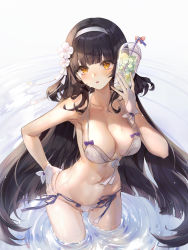 Rule 34 | 1girl, :o, absurdres, armpits, bad id, bad pixiv id, bare arms, bare shoulders, bikini, black hair, blush, breasts, brown eyes, cleavage, collarbone, cup, day, disposable cup, drinking straw, flower, food, front-tie bikini top, front-tie top, fruit, girls&#039; frontline, groin, hair flower, hair intakes, hair ornament, hairband, hand on own hip, hand up, highres, holding, holding cup, ice, ice cube, large breasts, lemon, lemon slice, long hair, looking at viewer, myoushun, navel, official alternate costume, outdoors, parted lips, ripples, side-tie bikini bottom, solo, stomach, swimsuit, thighs, type 95 (girls&#039; frontline), type 95 (summer cicada) (girls&#039; frontline), very long hair, wading, water, wet, white bikini, white flower