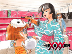 Rule 34 | 1990s (style), 3girls, becky farrah, black hair, blue eyes, breasts, brown hair, canvas curtain, cleavage, clenched hand, cotton candy, crossover, eating, fair, cotton candy, firing, game, gift, glasses, gun, gunsmith cats, hand on own hip, highres, hino akane (houjin exaxxion), hip focus, holding, houjin exaxxion, japanese clothes, kimono, long hair, looking at viewer, mask, minagata isaka, multiple girls, obi, open mouth, rifle, rows, sash, short hair, smile, sonoda ken&#039;ichi, table, tablecloth, teeth, tongue, vest, wavy hair, weapon, wink, yukata