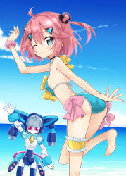 Rule 34 | 1girl, absurdres, ass, barefoot, blue eyes, blush, breasts, character request, choker, highres, looking at viewer, medarot, nanakusa (user rnpt7322), one eye closed, pink hair, robot, short hair, sideboob, small breasts, smile, swimsuit