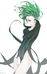 Rule 34 | 1girl, black dress, breasts, closed mouth, dino (dinoartforame), dress, floating hair, green eyes, green hair, groin, highres, looking at viewer, one-punch man, pelvic curtain, short hair, side slit, simple background, small breasts, solo, tatsumaki, taut clothes, taut dress, thighs, v-shaped eyebrows, white background