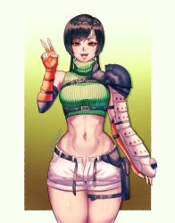 Rule 34 | 1girl, black hair, brown eyes, commentary, cowboy shot, cropped sweater, final fantasy, final fantasy vii, final fantasy vii rebirth, final fantasy vii remake, fingerless gloves, gloves, green sweater, hand up, headband, highres, looking at viewer, luchidart, midriff, navel, open fly, open mouth, outside border, ribbed sweater, short hair, short shorts, shorts, single arm guard, single bare shoulder, single shoulder pad, sleeveless, sleeveless turtleneck, solo, sweater, turtleneck, turtleneck sweater, v, yuffie kisaragi