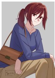 Rule 34 | 1girl, aozaki touko, bag, blue shirt, border, brown bag, brown pants, closed mouth, collarbone, commentary request, earrings, grey background, handbag, highres, jewelry, kara no kyoukai, long hair, looking at viewer, necklace, outside border, pants, ponytail, red eyes, red hair, shintyoi2, shirt, sidelocks, simple background, sitting, smile, solo, white border