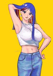 Rule 34 | 1girl, alternate costume, arm behind head, blue hair, blue pants, breasts, denim, earrings, hand on own hip, highres, jeans, jewelry, kantai collection, large breasts, lips, midriff, multicolored hair, navel, nidou, one-hour drawing challenge, pants, parted bangs, red hair, simple background, smile, solo, south dakota (kancolle), star (symbol), tank top, white hair, white tank top, yellow background
