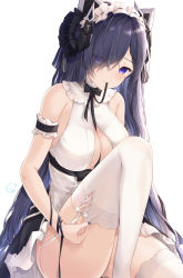 Rule 34 | 1girl, absurdres, august von parseval (azur lane), august von parseval (the conquered unhulde) (azur lane), azur lane, bare shoulders, between breasts, black hair, black skirt, breasts, cleavage, cleavage cutout, closed mouth, clothing cutout, commentary request, eyes visible through hair, feet out of frame, frilled skirt, frills, hair over one eye, highres, kiri celea, medium breasts, mouth hold, official alternate costume, purple eyes, shirt, simple background, skirt, smile, solo, thighhighs, white background, white shirt, white thighhighs