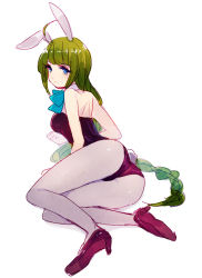 Rule 34 | 10s, 1girl, ahoge, alternate costume, animal ears, ass, back, bare shoulders, blue eyes, bow, bowtie, braid, breasts, detached collar, fake animal ears, fake tail, green hair, high heels, kantai collection, leotard, long hair, looking at viewer, mole, mole under mouth, pantyhose, playboy bunny, purple pantyhose, rabbit ears, rabbit tail, sayori (oskn), single braid, solo, tail, very long hair, yuugumo (kancolle)