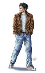 Rule 34 | 1boy, absurdres, bandage on face, bandages, belt, black hair, brown eyes, brown jacket, denim, full body, hands in pockets, hazuki ryou, highres, jacket, jeans, leather, leather jacket, looking to the side, pants, patch, shenmue, shirt, shoes, sideburns, signature, simple background, sliverofsand, sneakers, solo, spiked hair, t-shirt, thick eyebrows, white background, white footwear, white shirt