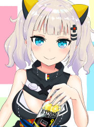 Rule 34 | 1girl, bad id, bad pixiv id, bare arms, bare shoulders, black dress, blue eyes, blush, breasts, can, cleavage, cleavage cutout, closed mouth, clothing cutout, commentary request, coraman, dress, hair ornament, hairclip, highres, holding, holding can, kaguya luna, large breasts, obi, sash, sidelocks, silver hair, sleeveless, sleeveless dress, smile, solo, strong zero, the moon studio, twintails, virtual youtuber