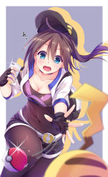 Rule 34 | 10s, 1girl, backpack, bag, baseball cap, belt, black gloves, black hat, black leggings, black shorts, blue eyes, blurry, blush, border, breasts, brown hair, chasing, choker, cleavage, collarbone, covered navel, creatures (company), cropped jacket, depth of field, eyebrows, female protagonist (pokemon go), fingerless gloves, game freak, gen 1 pokemon, gloves, hair between eyes, hat, highres, holding, holding phone, leg up, leggings, lens flare, light particles, long hair, looking at another, medium breasts, motion blur, motion lines, nintendo, open mouth, outside border, outstretched arm, palms, phone, pikachu, poke ball, poke ball (basic), pokemon, pokemon (creature), pokemon go, ponytail, reaching, shorts, silhouette, skin tight, sleeves past elbows, throwing, white border, yuumaru (you-mya)