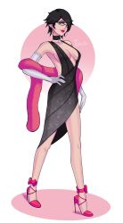 Rule 34 | 1girl, absurdres, alternate hair length, alternate hairstyle, bayonetta, bayonetta (series), bayonetta 2, black hair, blue eyes, breasts, dress, earrings, formal, full body, glasses, gloves, high heels, highres, jewelry, lips, lipstick, looking at viewer, makeup, mole, mole under mouth, short hair, smile, solo, tulipsie