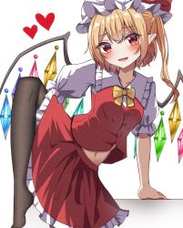 Rule 34 | 1girl, absurdres, black pantyhose, blonde hair, bow, bowtie, cowboy shot, crystal wings, dress, flandre scarlet, frilled dress, frills, hat, hat ribbon, heart, highres, kiui (dagk8254), midriff, mob cap, open mouth, pantyhose, pointy ears, red dress, red eyes, red ribbon, ribbon, side ponytail, solo, touhou, yellow bow, yellow bowtie
