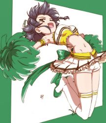 Rule 34 | 1girl, :d, black hair, boots, braid, breasts, brown eyes, cheerleader, coco&#039;s, cross-laced footwear, erakin, from side, girls und panzer, high heels, highres, holding, holding pom poms, lace-up boots, legs up, medium breasts, midriff, navel, open mouth, pepperoni (girls und panzer), pom pom (cheerleading), pom poms, short hair, side braid, smile, solo, thighhighs, white footwear, white thighhighs